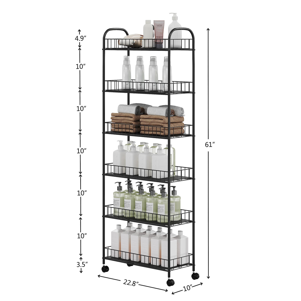 JOIN IRON 6-Tier Slim Rolling Cart,Narrow Shelving,Kitchens, Bathroom, Garages, Laundry Rooms, Offices,10" D x 22.8" W x 61" H JOIN IRON