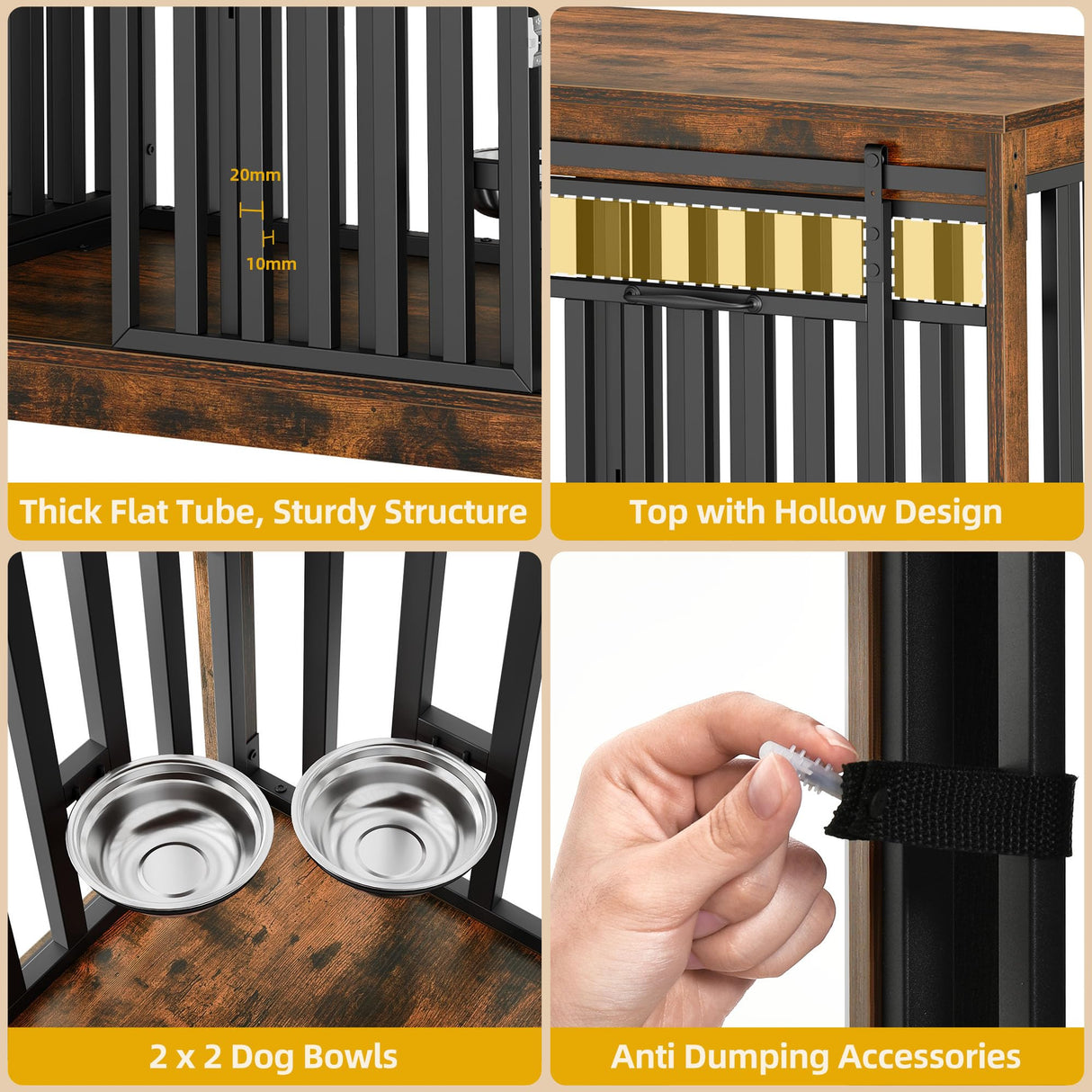 DWVO 71" Double Dog Crate Furniture for 2 Medium Dogs, Heavy Duty Wood Dual Dog Kennel TV Stand with Sliding Doors, Decorative Wooden 2 Dog Cage Table with Dog Bowls for Extra Large Dogs Rustic Brown DWVO