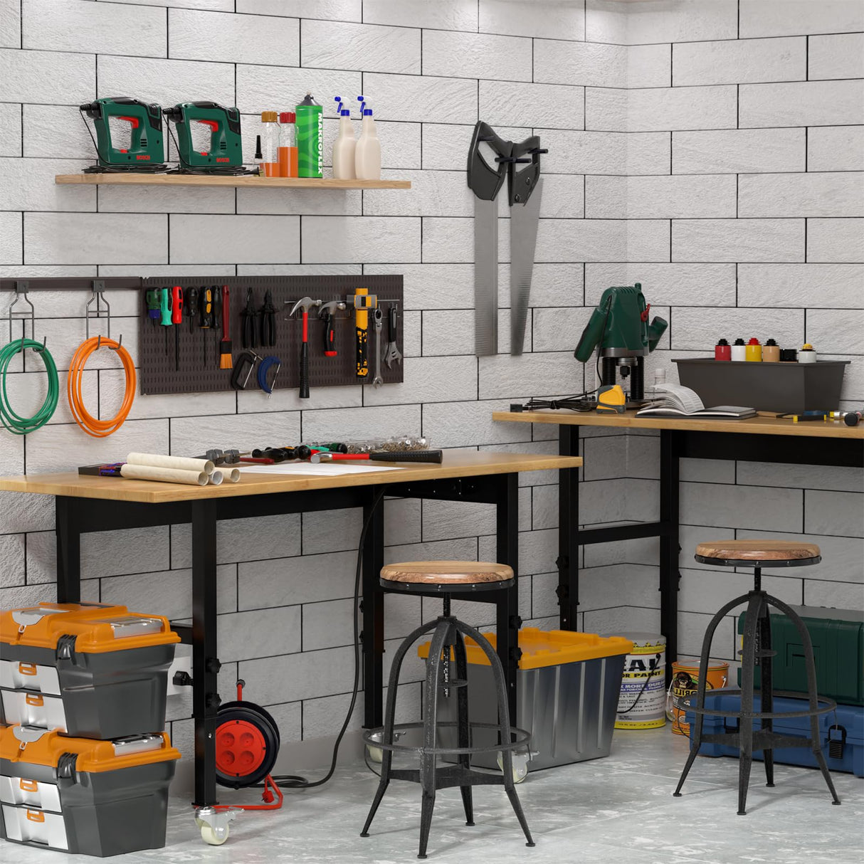 Granper 60" Adjustable Height Workbench, Solid Wood Work Table with Wheels and Power Outlet, 2000 LBS Load Capacity, Heavy-Duty Garage Workbench for Workshop, Office, Home Granper