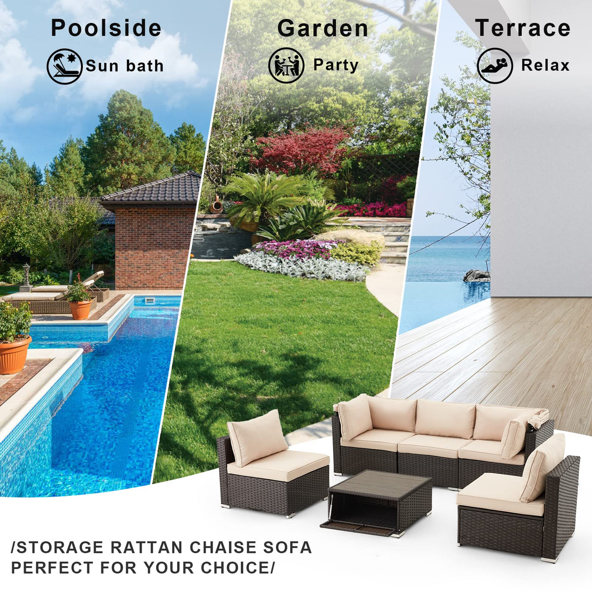 HOMREST 6 Pieces Patio Furniture Sets, Rattan Daybed with Retractable Canopy, Outdoor Sectional Sofa Set with Adjustable Backrest, Chaise Chair Sunbed for Garden Poolside Backyard (Khaki) HOMREST