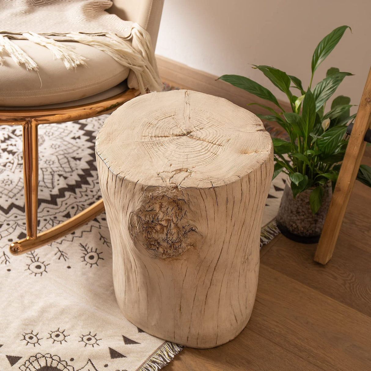 COSIEST Outdoor Antique Beige Side Table Faux Wood, Hand-Painted Wood Stump Stool, Ottomans, Plant Stand, Deck or Garden COSIEST