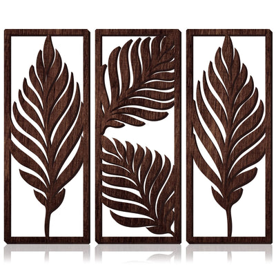 3 Pcs Boho Wooden Art Wall Decor Leaf Sign Wall Accent Rustic Palm Leaf Wood Art Wall Hanging Sculpture Vintage Tropical Plant Wood Wall Plaque for Home Bathroom Living Room Office Decoration (Brown)