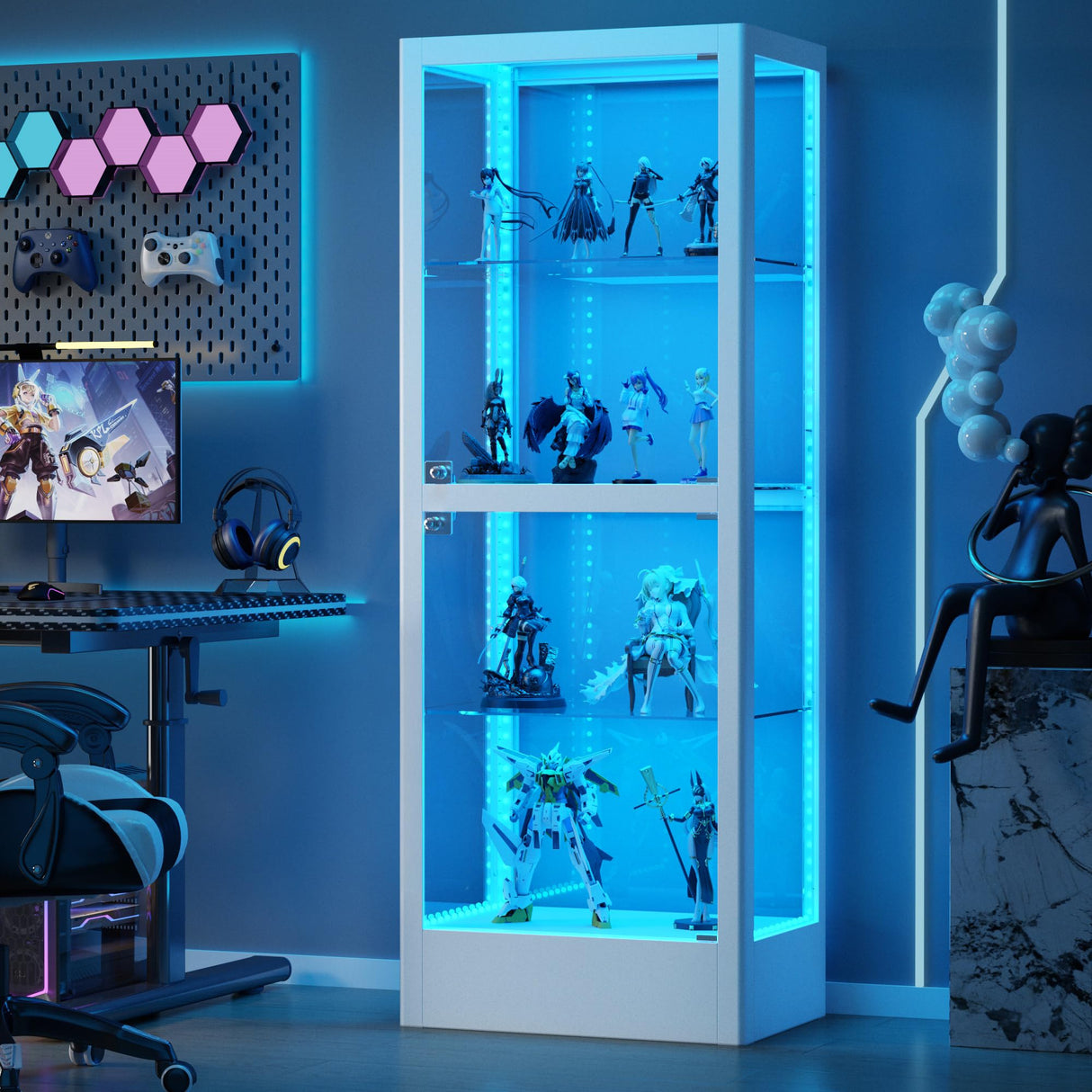 Desirable Life Glass Display Cabinet with 13-Color Light, 63" 4-Tier Curio Cabinet with 2 Glass Doors & Lock, Lighted Display Case with Adjustable Shelves for Collectibles Figures Trophy (White) Desirable Life