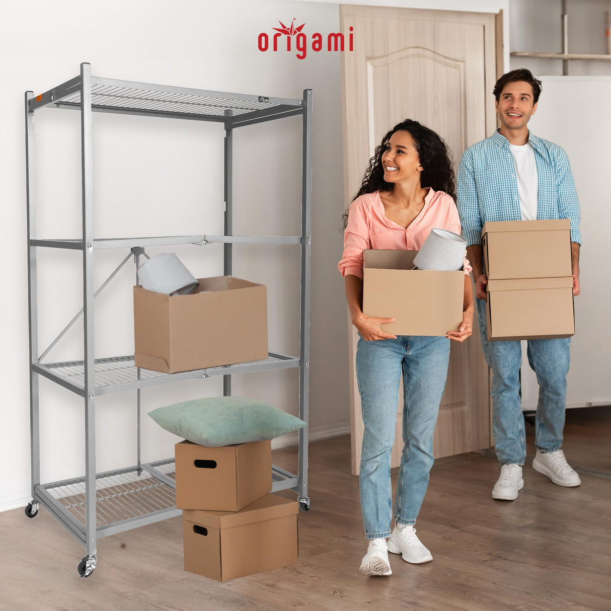 Origami 4-Tier Storage Shelves on Wheels, Steel Shelving Holds 1000 pounds, Heavy Duty Garage Storage & Organization, Closet Organizer, Utility Shelf Origami