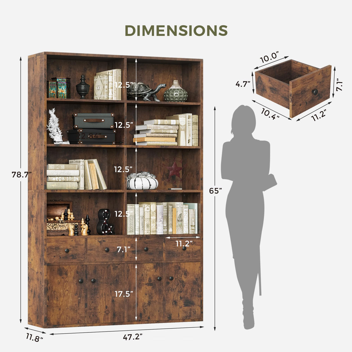 IRONCK 78.7" Bookcase with 4 Drawers and 4 Doors, 6 Tier Large Bookshelf with Storage, Floor Standing Display Storage Shelves, Tall Storage Cabinet for Living Room (Rustic Brown) IRONCK