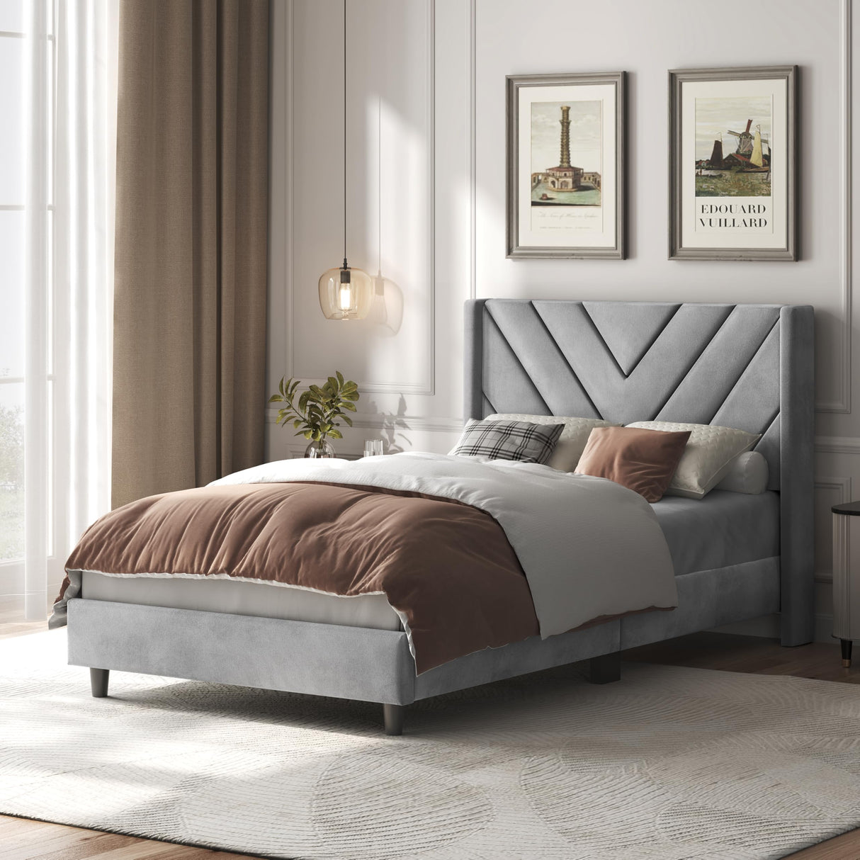 Yaheetech Twin Bed Frame Upholstered Platform Bed with Wing Side/Wooden Slat Support/Tufted Headboard with Wing Side/Mattress Foundation/No Box Spring Needed,Light Gray Twin Bed Yaheetech