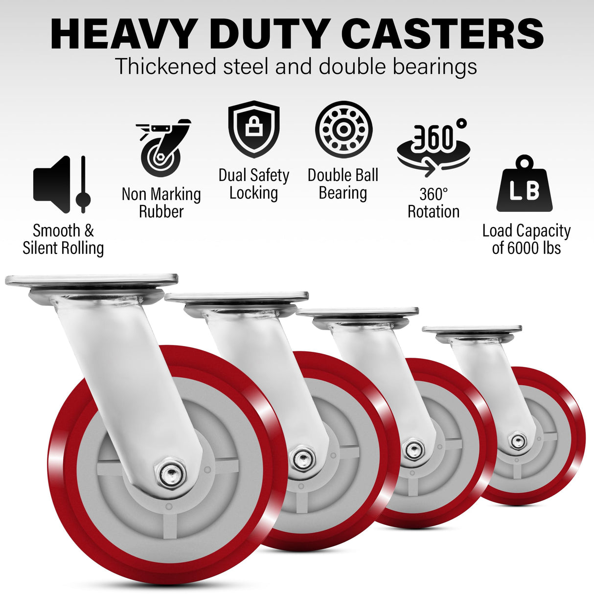 Castrek 6 Inch Heavy Duty Casters Set of 4, Lockable Plate Caster Wheels with Brakes Scratch Resistant & 360 Degree Rotatable, 6000 lbs Load Capacity - Ideal for Any Floor (2 x Swivel & 2 x Brakes) Castrek