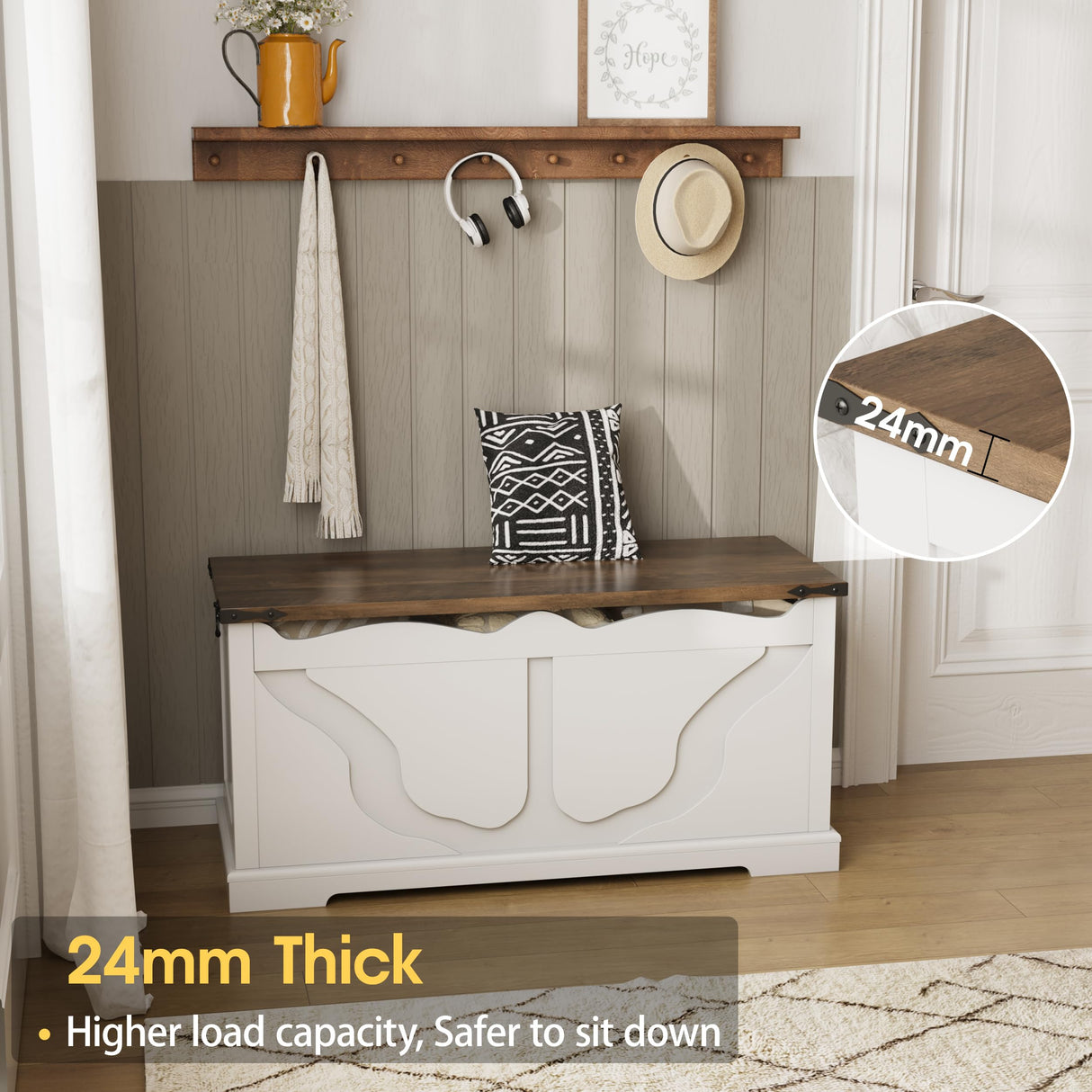 Maupvit Storage Chest, 39.4" Wooden Storage Trunk with 2 Safety Hinges, End of Bedroom Bed Bench with Metal Corner Decoration, Shoe Bench for Entryway, Bedroom, Living Room, White Maupvit