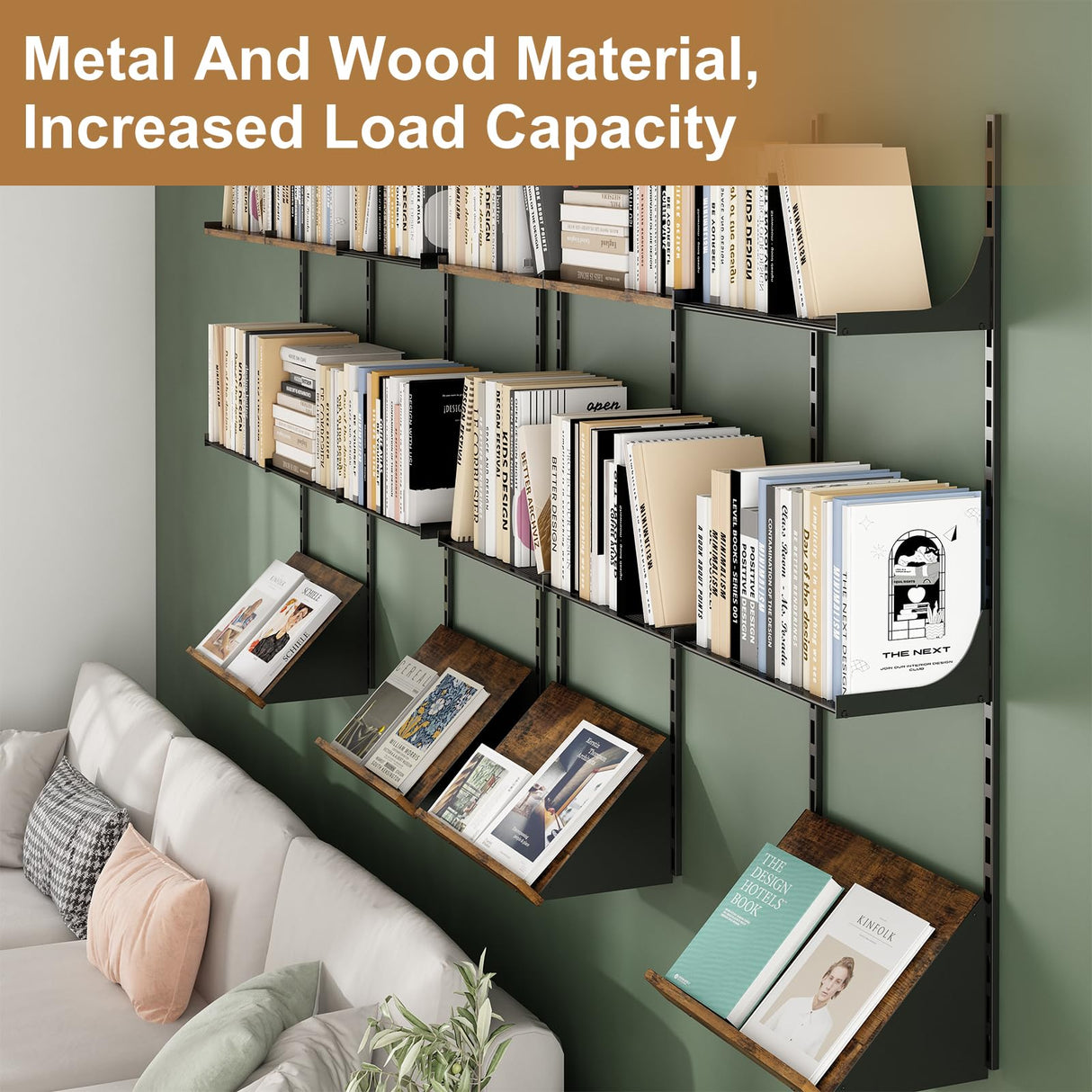 GILLAS Wall Mounted Floating Shelves, 8 Tier Wall Mounted Storage Shelves, Industrial Rustic Bookshelf with Adjustable Metal Brackets, Display Rack for Living Room, Bedroom, Kitchen, Home Office GILLAS