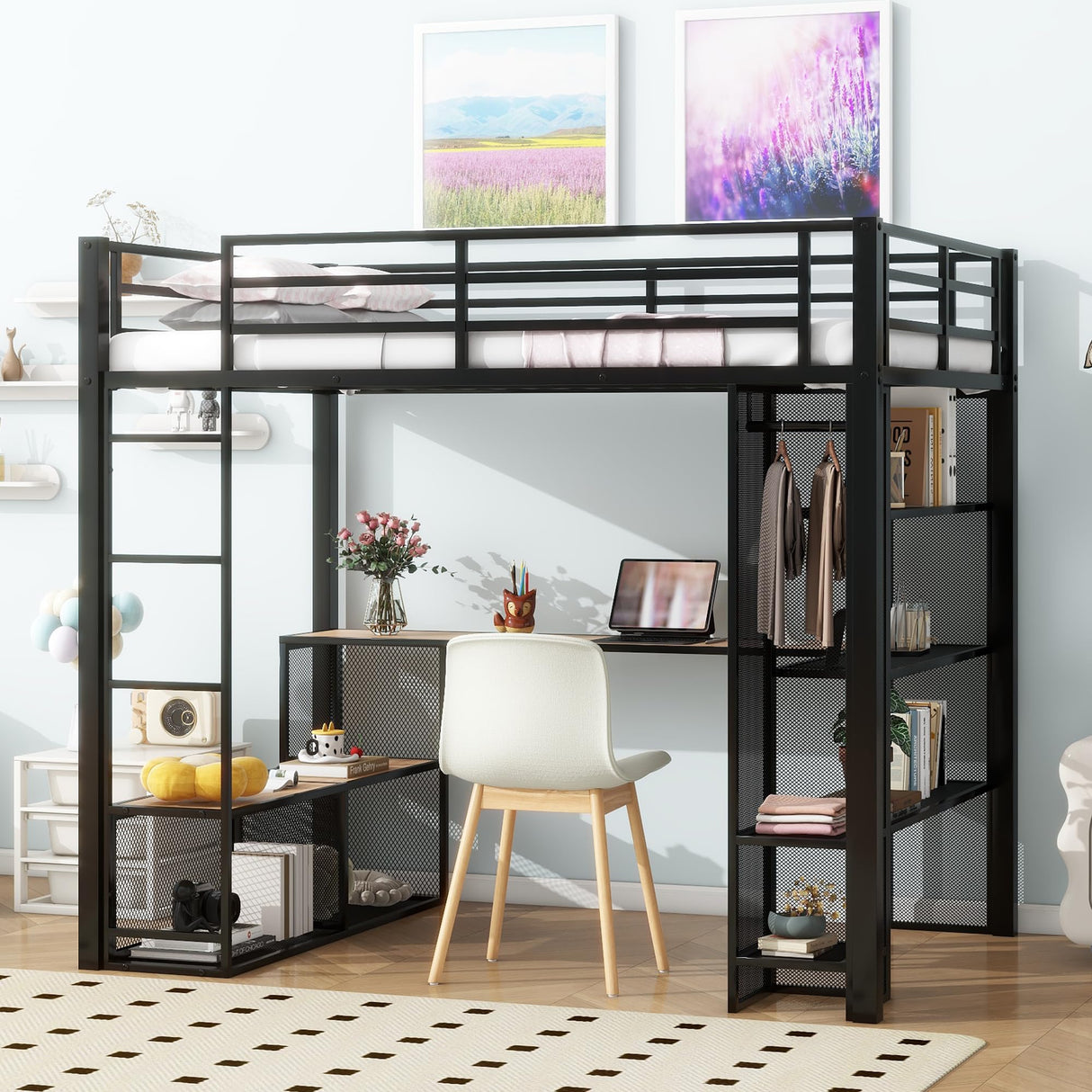 Harper & Bright Designs Full Size Loft Bed with Storage Shelve, Metal Full Loft Bed with Desk & Open Wardrobe, 12.8" H Safety Guardrail, No Box Spring Needed, Black Harper & Bright Designs