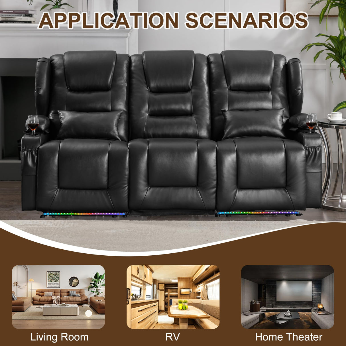 DRMBOOK RV Power Loveseat Recliner Sofa, Faux Leather 3-Seater Wall Hugger Reclining Sofa, Home Theater Seating Chair with Cup Holders, 3 Person Couch RV Furniture for Living Room, Black DRMBOOK
