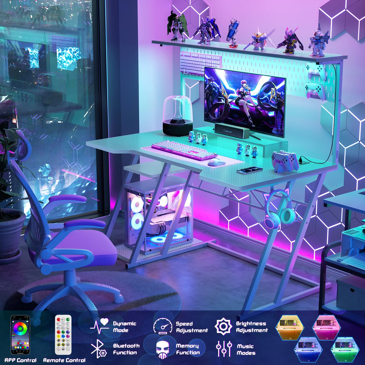 Gaming Computer Desk with Power Outlets, Gaming Desk with Hutch and LED Lights, Reversible PC Gaming Desk with Pegboard, Carbon Fiber White, 47" armocity