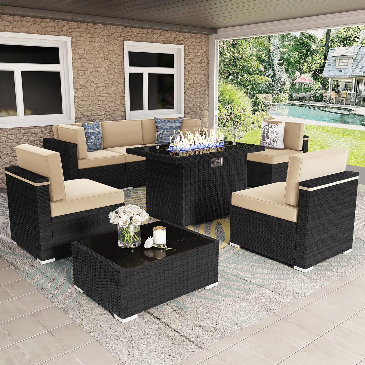 Vakollia 8 Pieces Patio Furniture Set with 44" Propane Gas Fire Pit Table, Outdoor Sectional Wicker Conversation Sofa Sets with Coffee Table Vakollia
