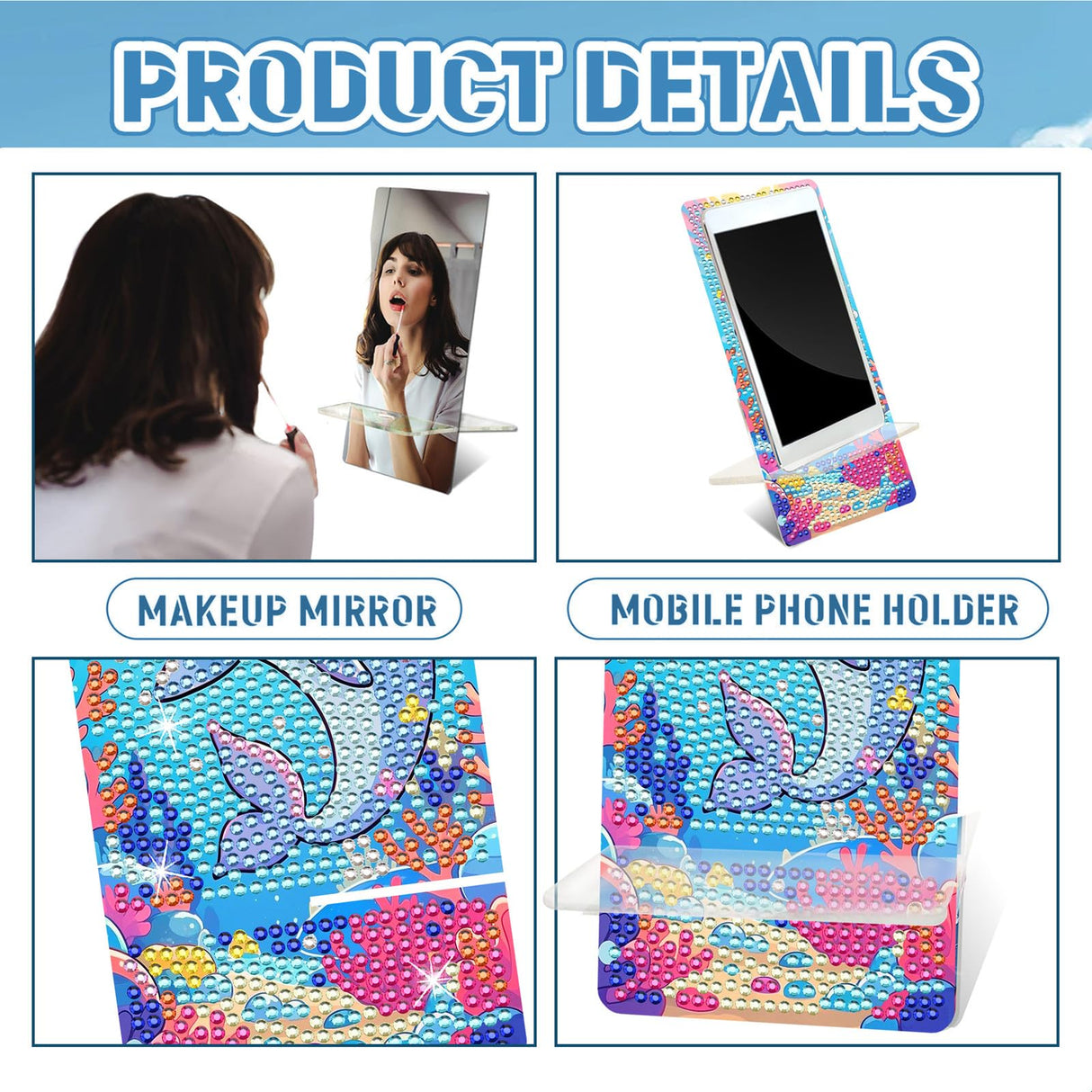 NUFTVI 2 Pack Diamond Painting Cell Phone Holder, DIY Full Crystal Cute Dolphins Diamond Art Phone Holder and Mirror, Diamond Art Kits for Beginner Adult NUFTVI