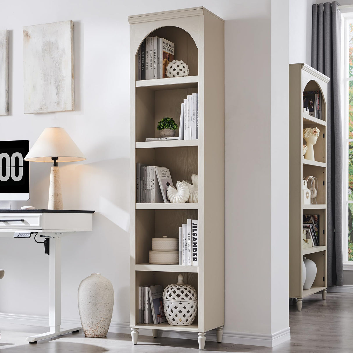 IFGET 76" Tall Arched Bookcase, Farmhouse 5 Tiers Narrow Arched Bookshelf Cabinet with Adjustable Shelves, Modern Wooden Book Shelf w/Storage and Open Display Shelves for Living Room, Office-Cream IFGET