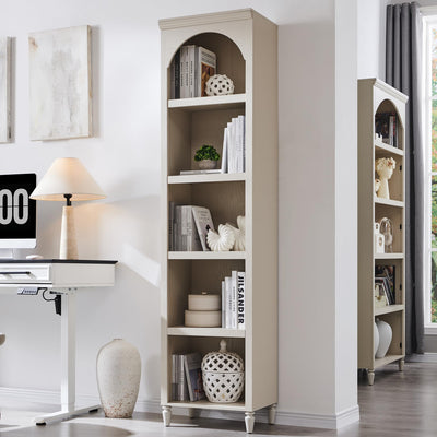 IFGET 76" Tall Arched Bookcase, Farmhouse 5 Tiers Narrow Arched Bookshelf Cabinet with Adjustable Shelves, Modern Wooden Book Shelf w/Storage and Open Display Shelves for Living Room, Office-Cream