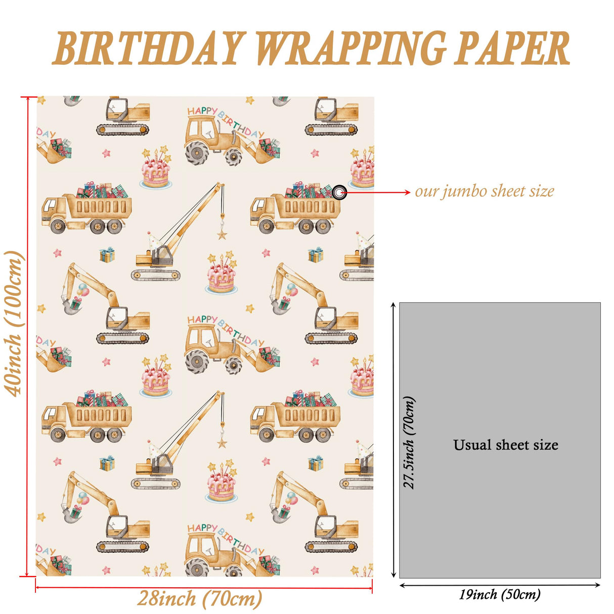 SaringSwoon Construction Birthday Wrapping Paper for Boys Kids- Gift Wrap With Tractor & Trucks, Happy Birthday, Balloons, Cake and Gifts for Birthday, Baby Shower - 28x40 Inches, 4 Folded Sheets SaringSwoon