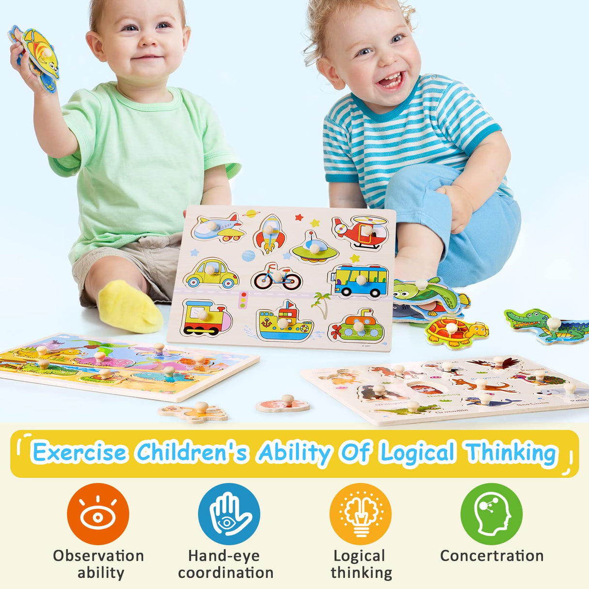 10 Pack Wooden Peg Puzzles for Toddlers Toddler Puzzle Jigsaw Learning Puzzles for Kids Wood Knob Puzzle with Alphabet Number Animal Vehicle Shape Chivao