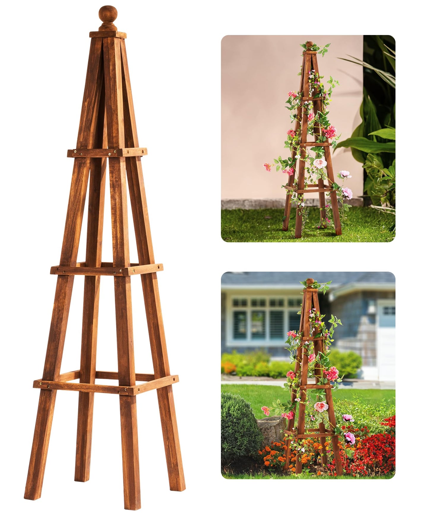 Idzo Acacia Wooden Obelisk Trellises for Climbing Plants Outdoor, 61 Inch Durable Obelisk Garden Trellises with UV Protective Finish, Stylish Climbing Plant Support for Porch, Balcony, Easy Assembly