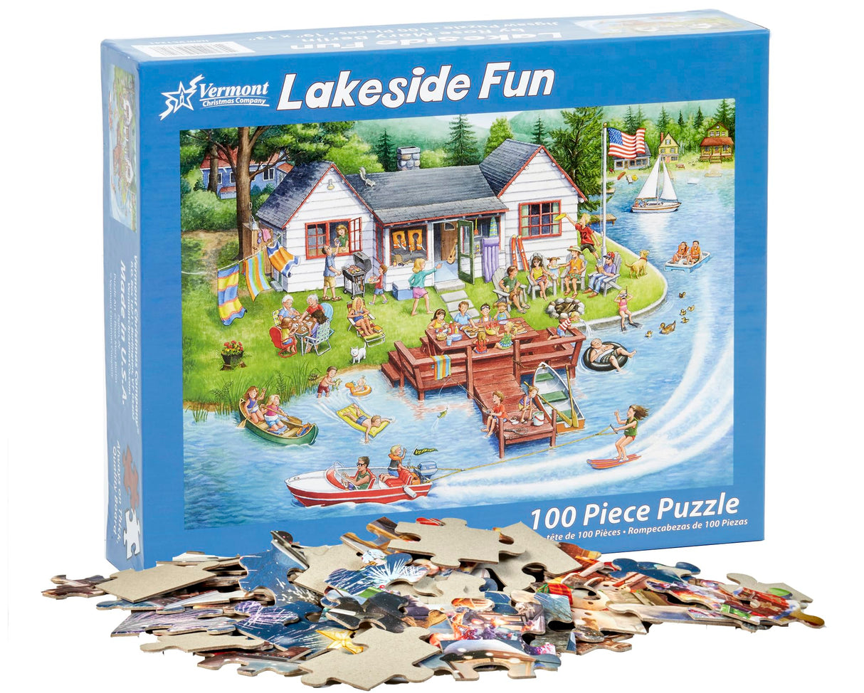 Vermont Christmas Company Lakeside Fun Jigsaw Puzzles for Kids - 100 Piece Interlocking Puzzle for Kids and Seniors - Large, Thick, Durable Puzzles Made with Precision Cutting (19" x 13") Vermont Christmas Company