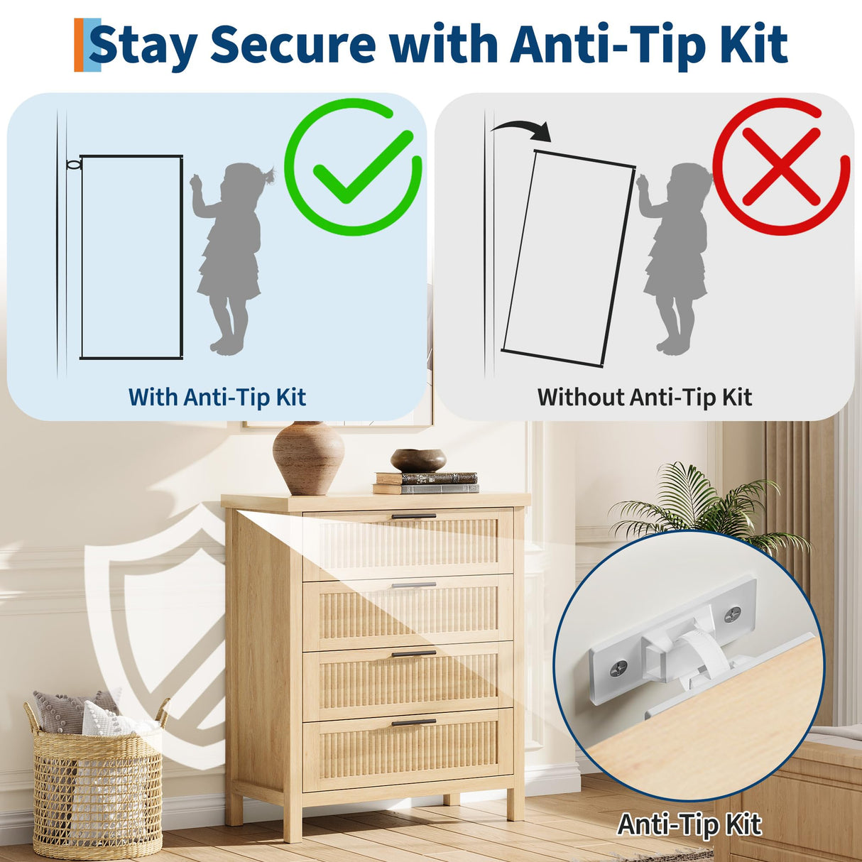 IDEALHOUSE Fluted 4 Drawers Dresser for Bedroom, 35.4" Tall Chest of Dressers for Closet, 4 Fluted Drawers with Metal Handle, Clothes Storage Cabinet for Bedroom, Nursery, Living Room, Natural Oak IDEALHOUSE