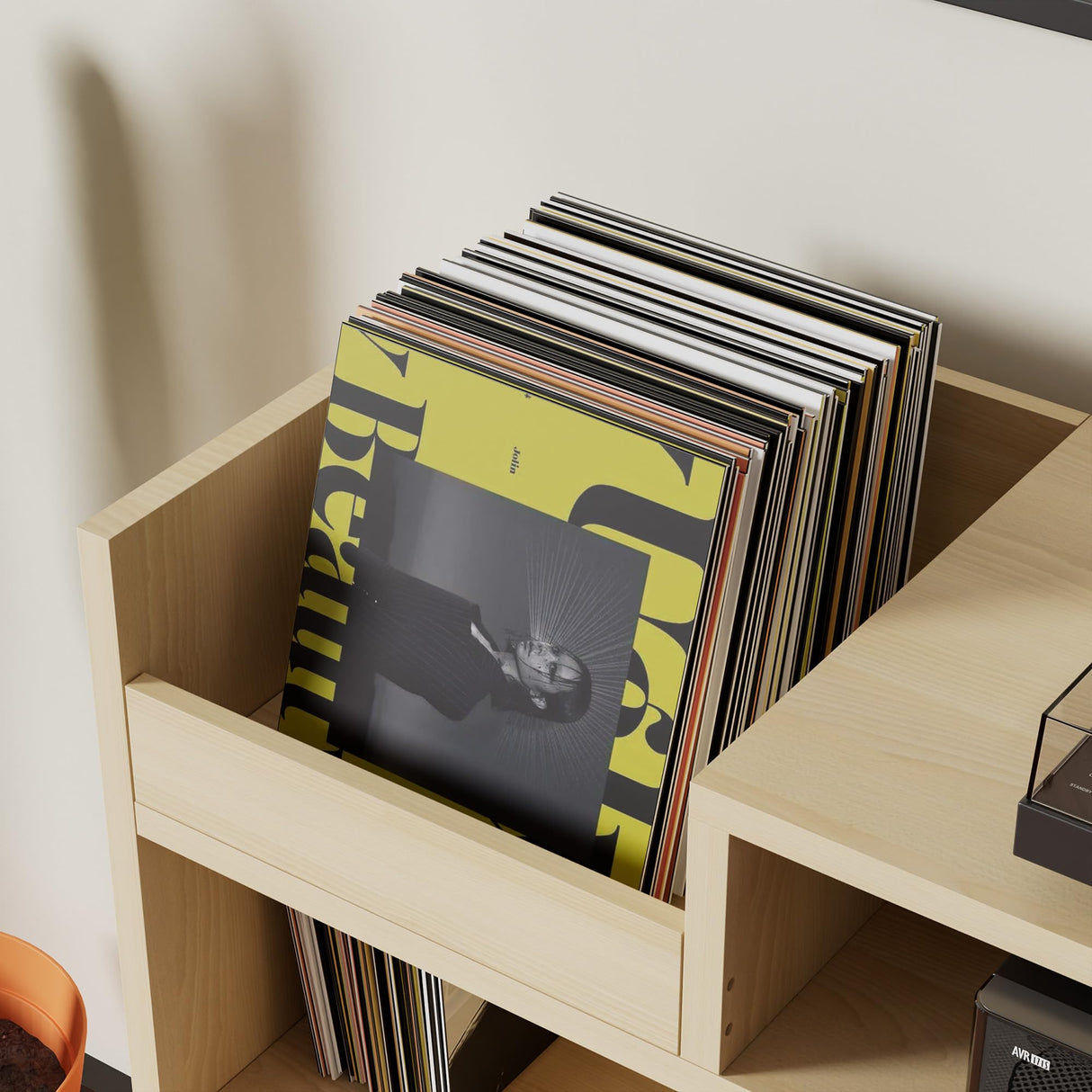 Cozy Castle Record Player Stand with Open Vinyl Storage, Record Player Table Holds up to 500 Albums, Vinyl Record Player Shelf with Power Outlet for Living Room, Oak Cozy Castle