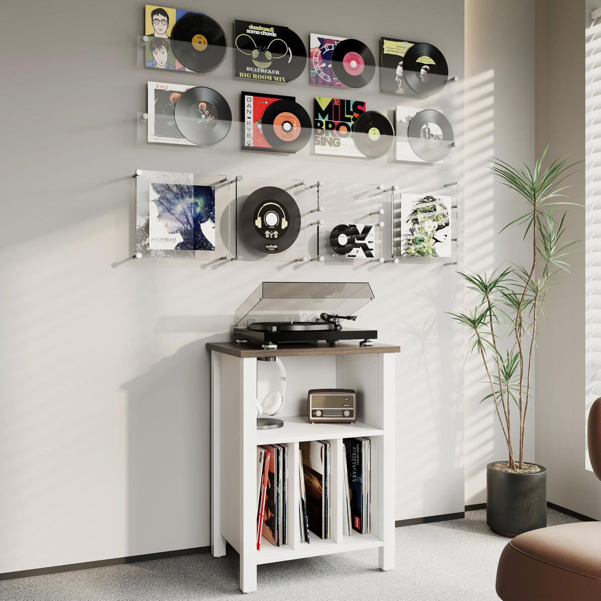 Record Player Stand, Vinyl Record Storage Table End Table with Display Shelf Holds up to 130 Albums, Large Nightstand Wood Turntable Stand Cabinet Side Table for Living Room, Bedroom, White LIDYUK