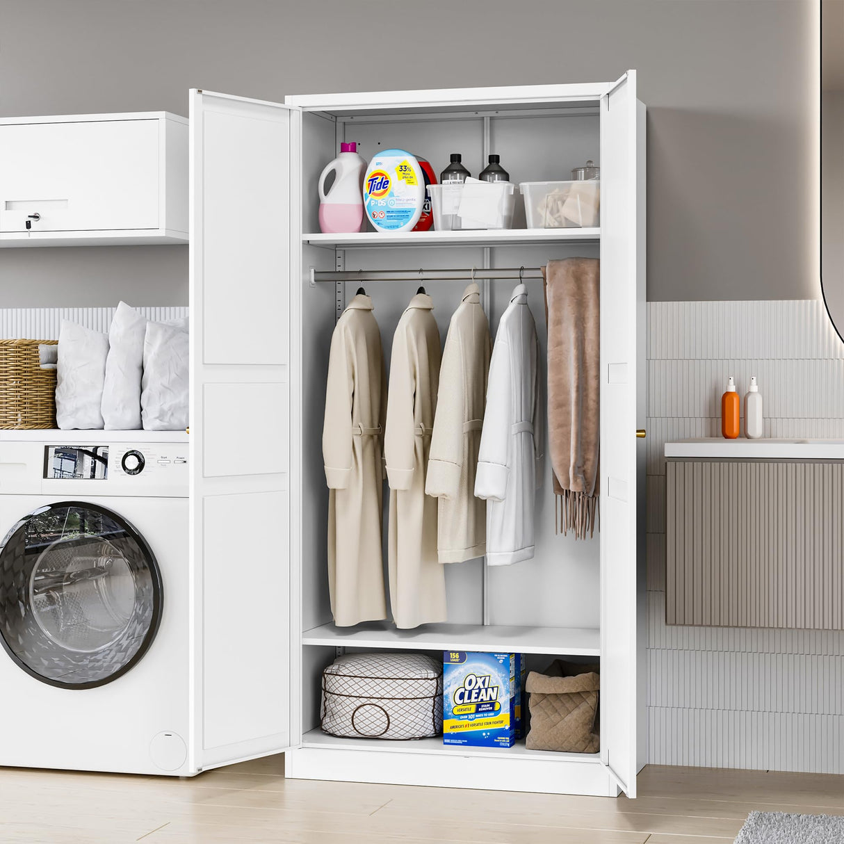 MIIIKO Wardrobe Closet with 2 Doors, 72" Metal Clothing Storage Cabinets with Hanging Rod, Bedroom Armoires Laundry Room and Office Clothes Storage Organizer Cabinets MIIIKO