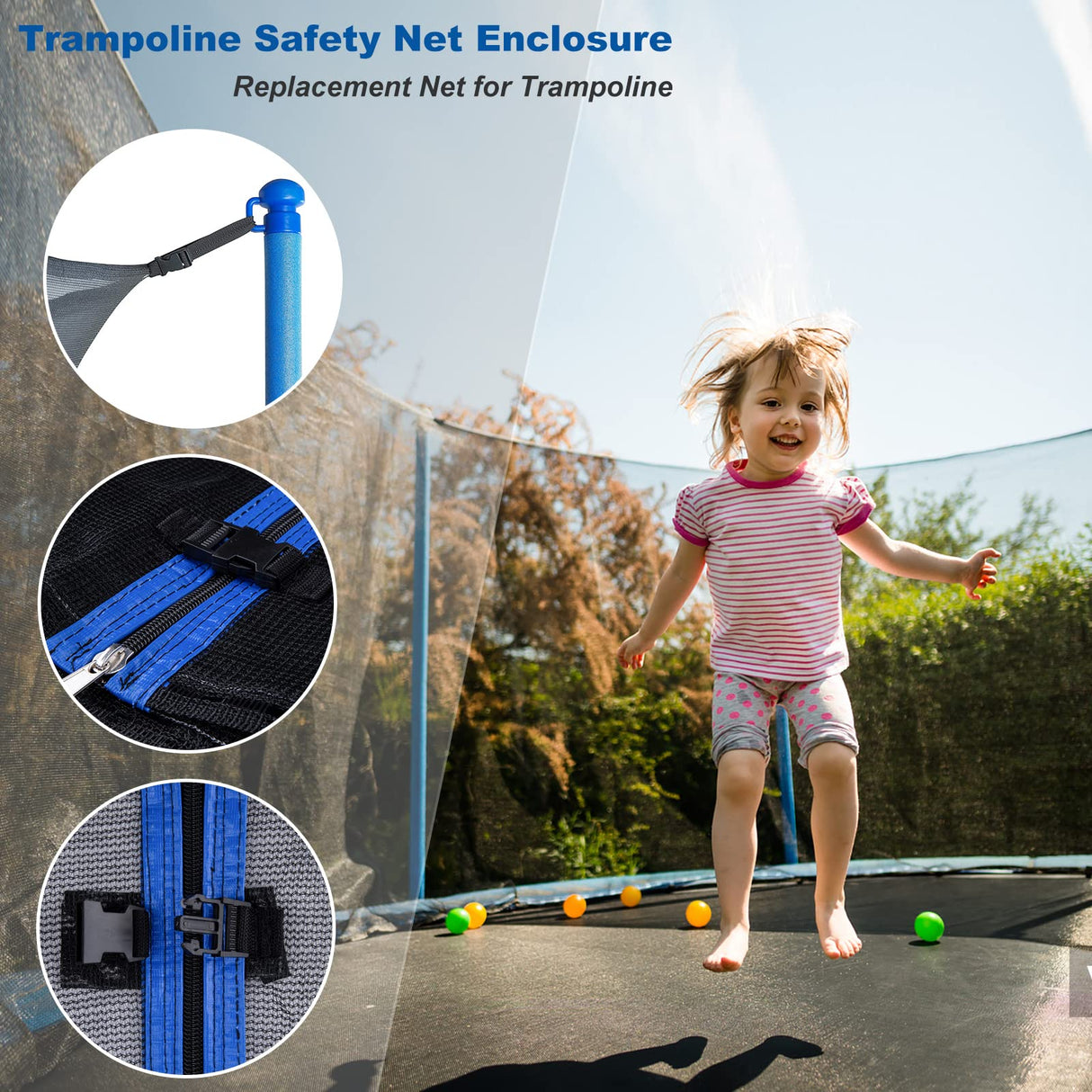 NONMON Trampoline Net Replacement for Straight 6 Pole, 14ft Trampoline Net Round Frame Safety Enclosure Net UV-Resistant Weather-Resistant Breathable Durable Net with Adjustable Straps(Net Only) NONMON