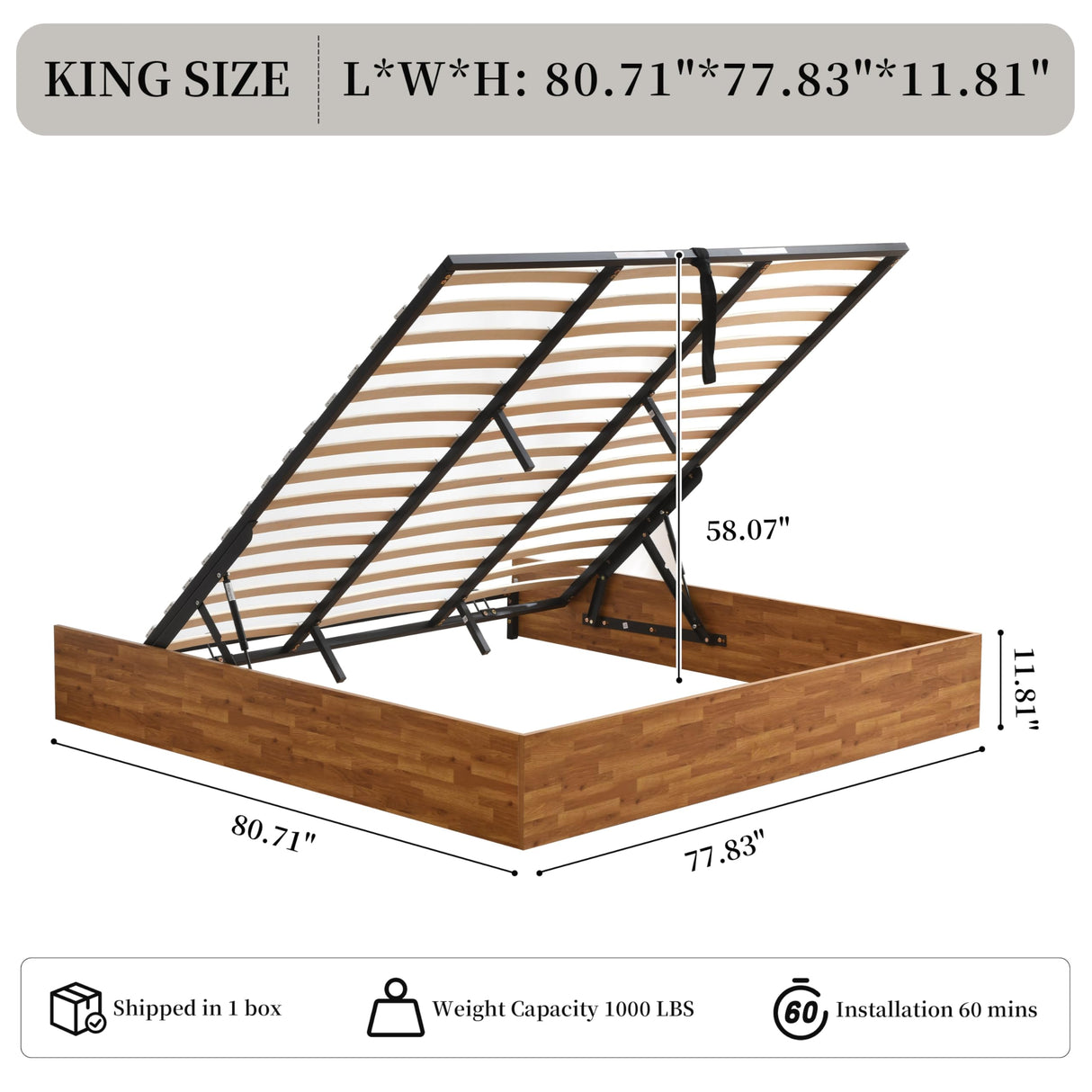 Zanmintaobo King Size Lift Up Storage Platform Bed Frame, Wood Bed Frame with Metal & Slats Support, Wooden Bed Frame Without Headboard, No Box Spring Needed, Easy Assembly, Rustic Brown Zanmintaobo