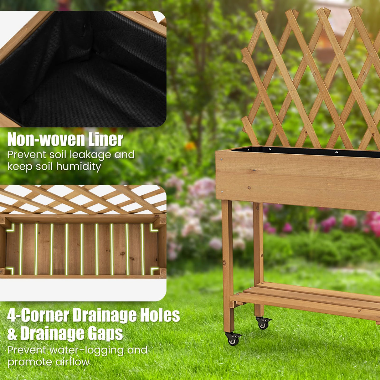 Toolsempire Raised Garden Bed with Trellis, Fir Wood Elevated Planter Bed with Legs, 2 Lockable Wheels & Storage Shelf, Wooden Planter Box Raised Bed for Gardening, Backyard, Balcony & Greenhouse Toolsempire