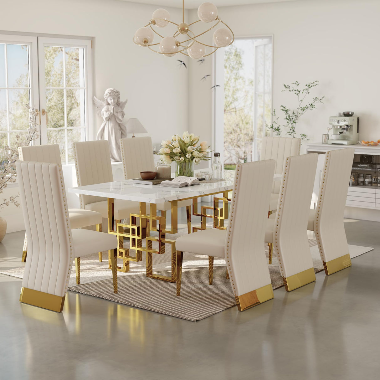 AUZ 9 Piece Dining Room Table Set with Chairs, Luxury White and Gold Dining Room Table Set for 8, 78 inch Rectangular Dining Table Set with 8 White Leather Dining Chairs AUZ
