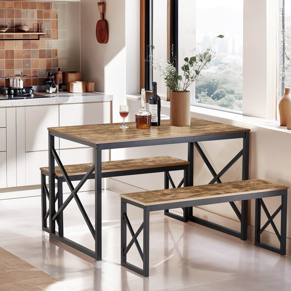 VECELO Kitchen Table with 2 Benches for 4, 43.3'' Wood Dining Room Dinette Sets with X Metal Frame for Breakfast Nook and Small Space, Brown VECELO