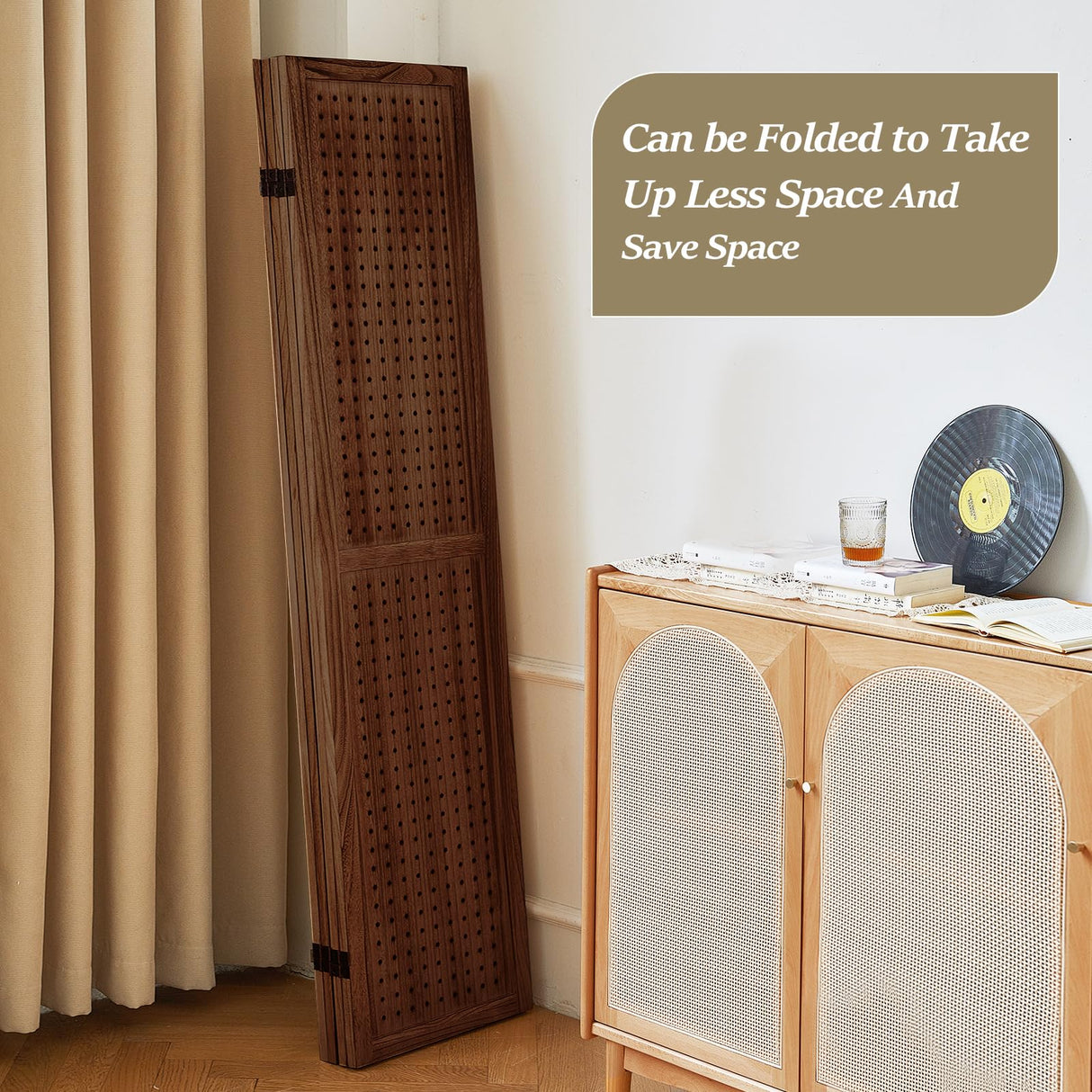 Leesinwing 4 Panel Room Dividers and Folding Privacy Screens, 5.6Ft Wooden Pegboard Display, Privacy Dividers for Bedroom, Portable Dispxlay Board Organizer for Store, Jewelry Display, Dark Brown Leesinwing