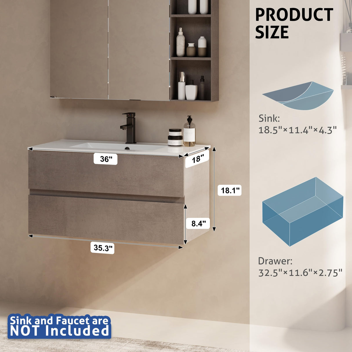 eclife 36" Wall Mounted Bathroom Vanity with Sink Combo Set, Floating Bathroom Storage Cabinet w/Bevelled Invisible Handles, 2 Drawers, Ceramic Sink & Black Faucet, Cement Grey eclife