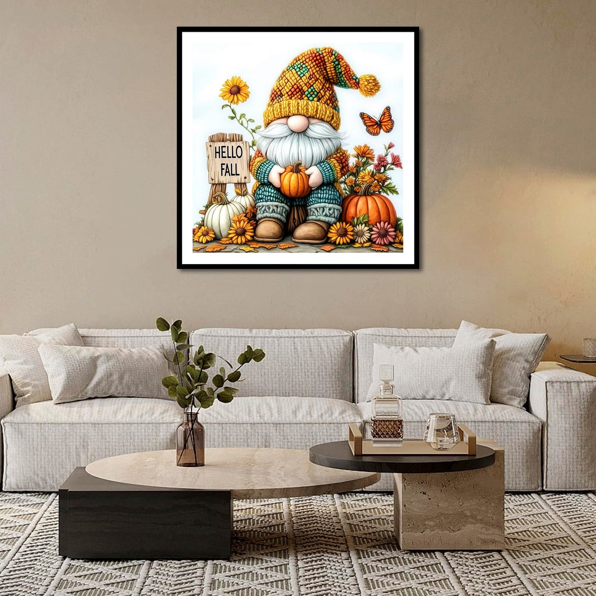 DIYDECORFUN Gnome Diamond Art Kits for Adults, Hello Fall Diamond Painting Kit for Beginners,DIY 5D Full Round Drills Autumn Pumpkin Diamond Dot Gem Art Crafts for Home Wall Decor 14x14IN DIYDECORFUN