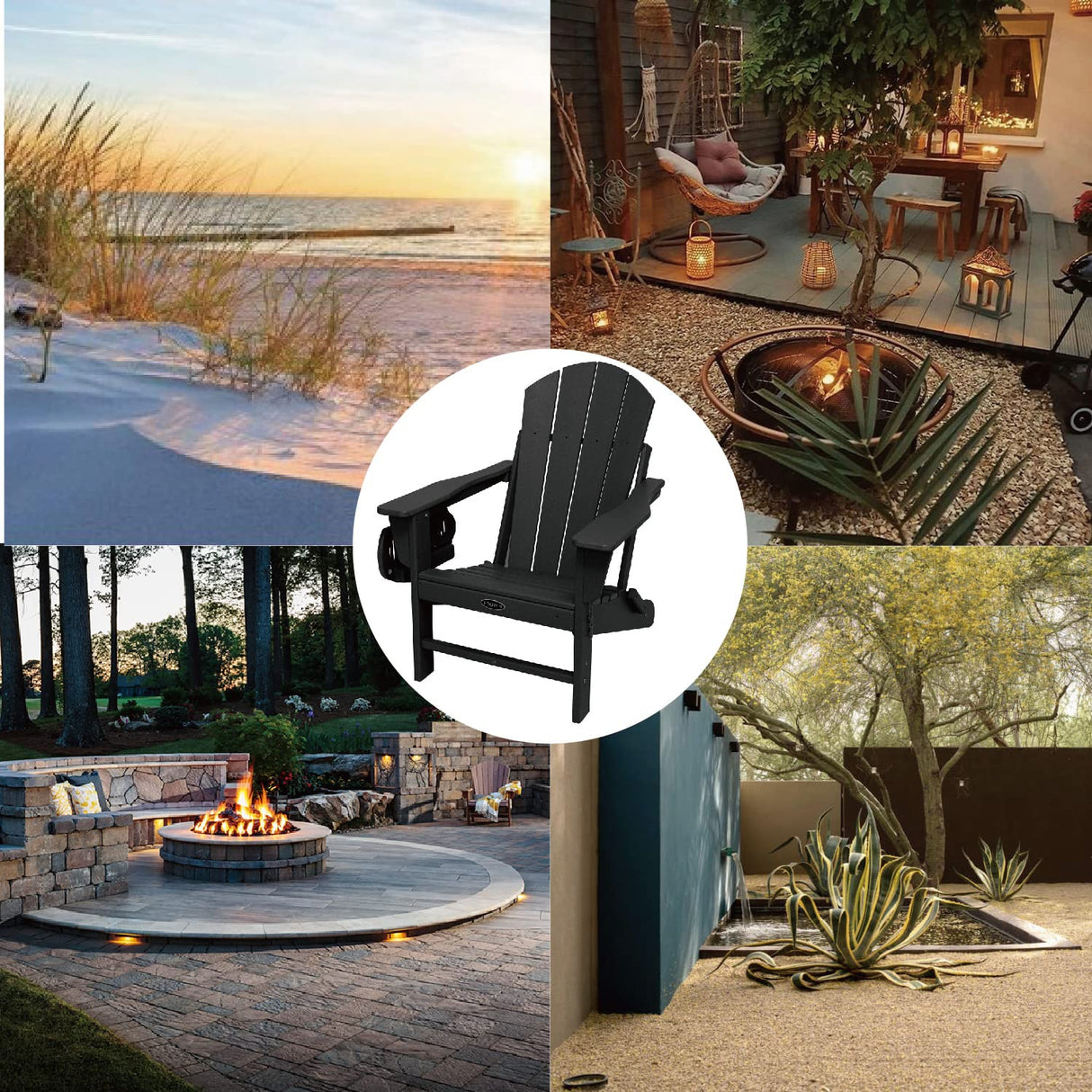 FOOWIN HDPE Folding Adirondack Chair Set of 4, All-Weather Resistant Adirondack Chair w/4 in 1 Cup Holder Trays, Adirondack Chairs for Outdoor, Patio, Lawn, Garden, Backyard Deck(Set of 4, Black) FOOWIN