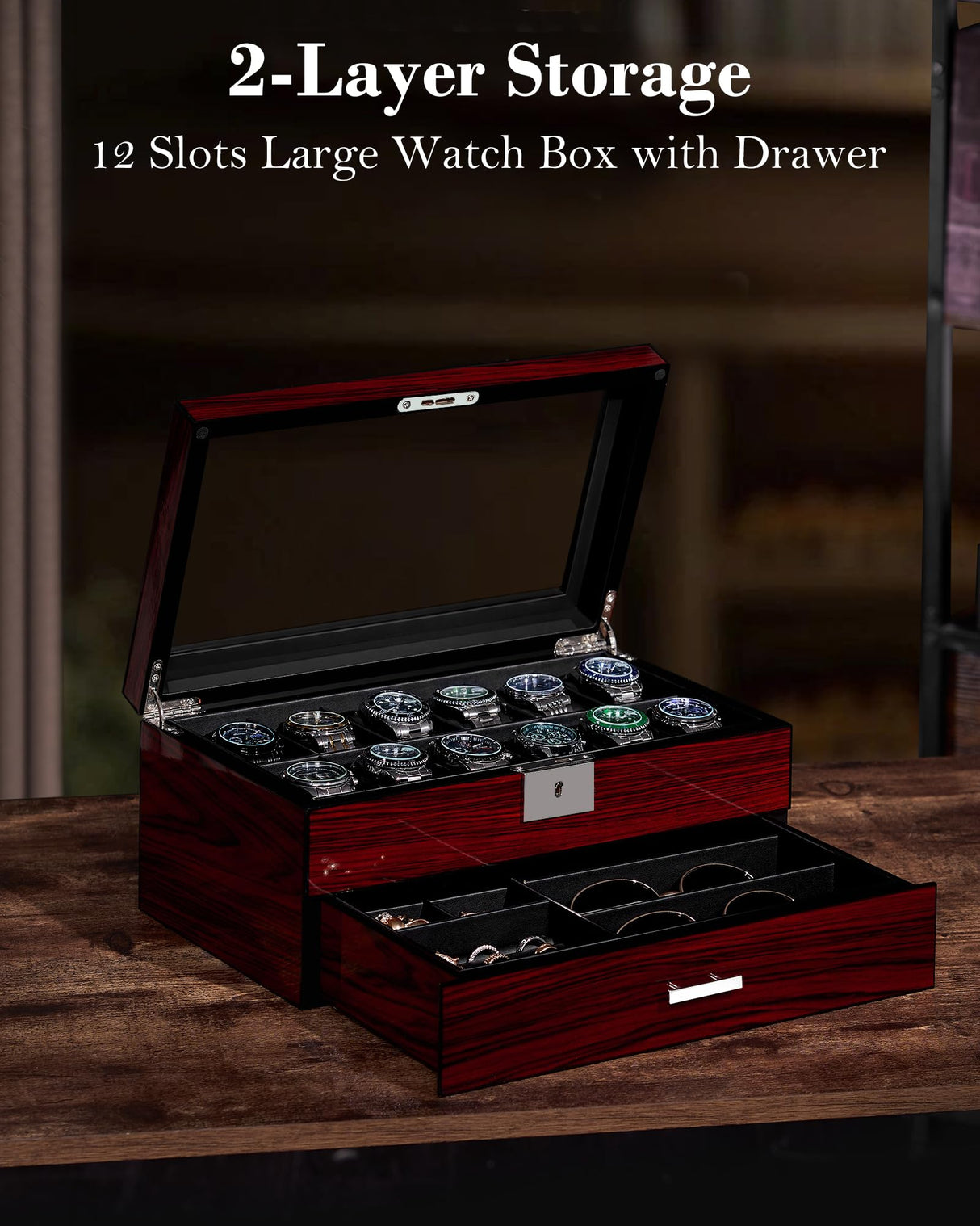 ANWBROAD Watch Box Storage Watch Cases for Men with Large Glass Lid 2-Tier Wood Watch Display Case Lockable Watch Organizer Giftable Luxurious Watch Holder for Women UJWB003Y ANWBROAD