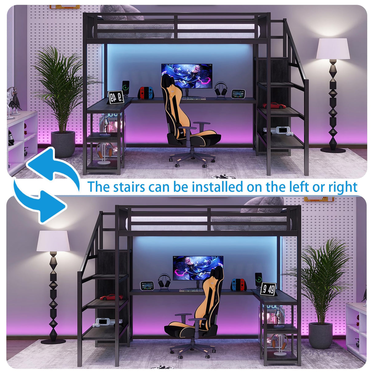 MoproBeti Queen Size Loft Bed with Desk and Stairs,Metal Gaming Loft Bed Queen with Wardrobe and Shelf, High Loft Bed with LED & USB Charging Station for Teens, Adults, Space Saving Design,Black MoproBeti