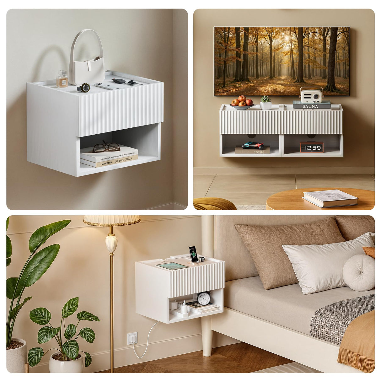 Floating Nightstand Bedroom Bedside Table - Wood Night Stand Set 2 for Small Spaces, Wall Mounted Cabinet with Storage Drawer, White Modern Night Stand for Dorm Hallway Entryway Lazzanto