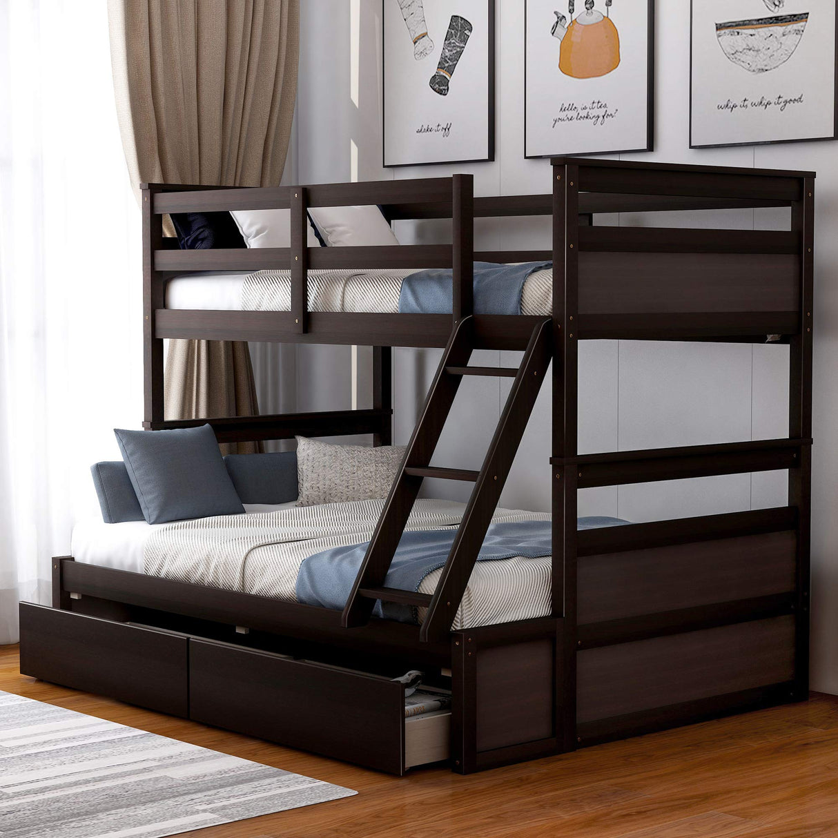 Twin Over Full Bunk Beds with 2 Under Bed Storage Drawers, Stronger & More Stable Bunkbed, Espresso Merax