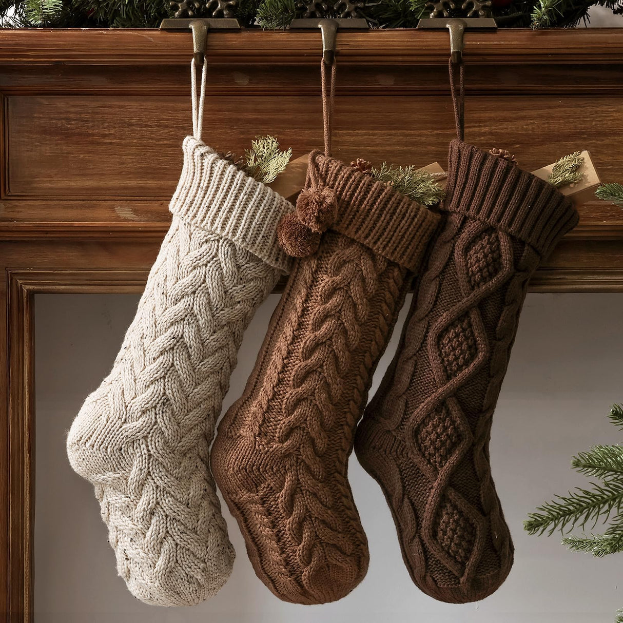 Pawliss Farmhouse Knitted Christmas Stockings: 3 Pack 18 Inch Neutral Cable Knit Fireplace Stockings, Cozy Hanging Xmas Stockings Rustic Stocking Decorations for Family Holiday Décor, Earth Tones Pawliss