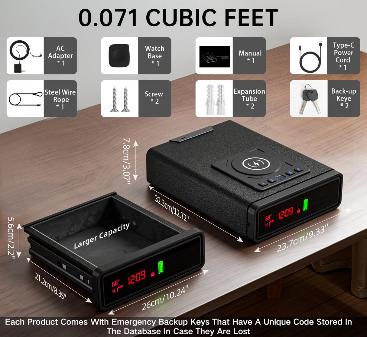 Biometric Smart Safe with Wireless Charging for Phone and Watch, 3 Quick Access Stopbox with Fingerprint Backlit Keypad - Compact Nightstand Drawer with LED Light, 24/7 Digital Clock, Bedside, Office ORARAER