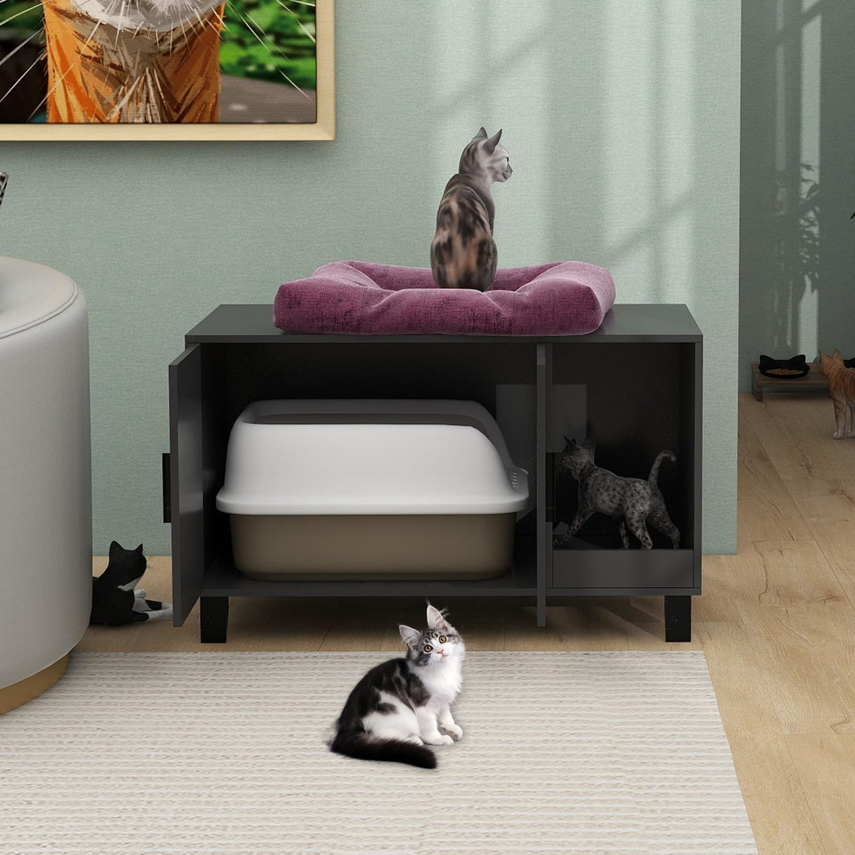 TaoHFE Litter Box Enclosure Cat Litter Box Furniture Hidden with Cat Scratch Pad Decorative Farmhouse Wooden Hidden Litter Box Cat House Litterbox Furniture Cat Box Furniture Litter Box Cabinet Black TaoHFE