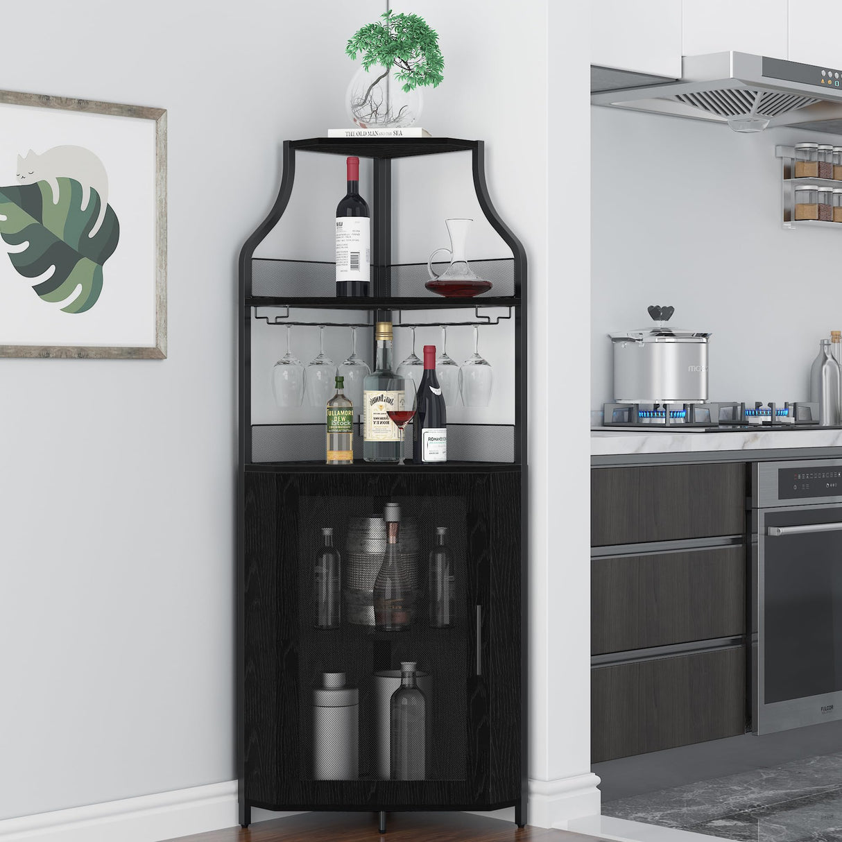 coucheta Corner Bar Cabinet, Wine Bar Cabinet with Glass Holder and Large Storage Space, Corner Liquor Cabinet with Mesh Door and Adjustable Shelf, Black coucheta