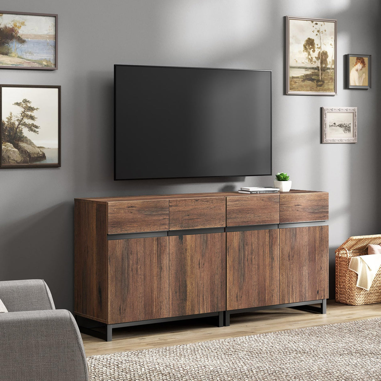 WAMPAT Modern TV Stand for TVs up to 70 inch, 2 in 1 Entertainment Center TV Console with Adjustable Shelves and Metal Base for Living Room,Bedroom,Brown WAMPAT