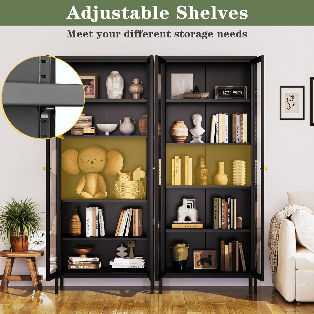 Lucky Monet 5-Tier Glass Display Cabinet with LED Lights, 67" Tall Metal Curio Cabinets with Glass Door and 4 Adjustable Shelves, Large Display Case for Collectibles Figures China Books (Black) Lucky Monet