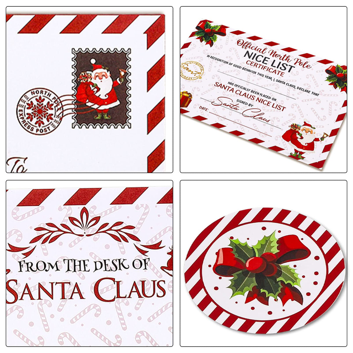 AnyDesign 15 Sets Christmas Official Letters Certificate from Santa Claus Include 15Pcs Red White Stripes Writing Letter 15Pcs Nice List Certificate 15 Envelopes and 30 Stickers for Family Party Favor AnyDesign