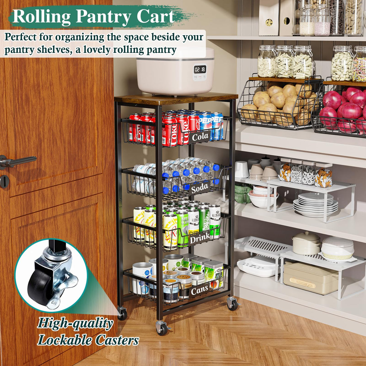 OKZEST Fruit Basket, 5-Tier Utility Kitchen Organizer and Storage Cart with Pull-Out Baskets and Wood Top, Rolling Pantry Kitchen Cart on Wheels for Fruit Potato Onion Vegetable Snack Produce OKZEST