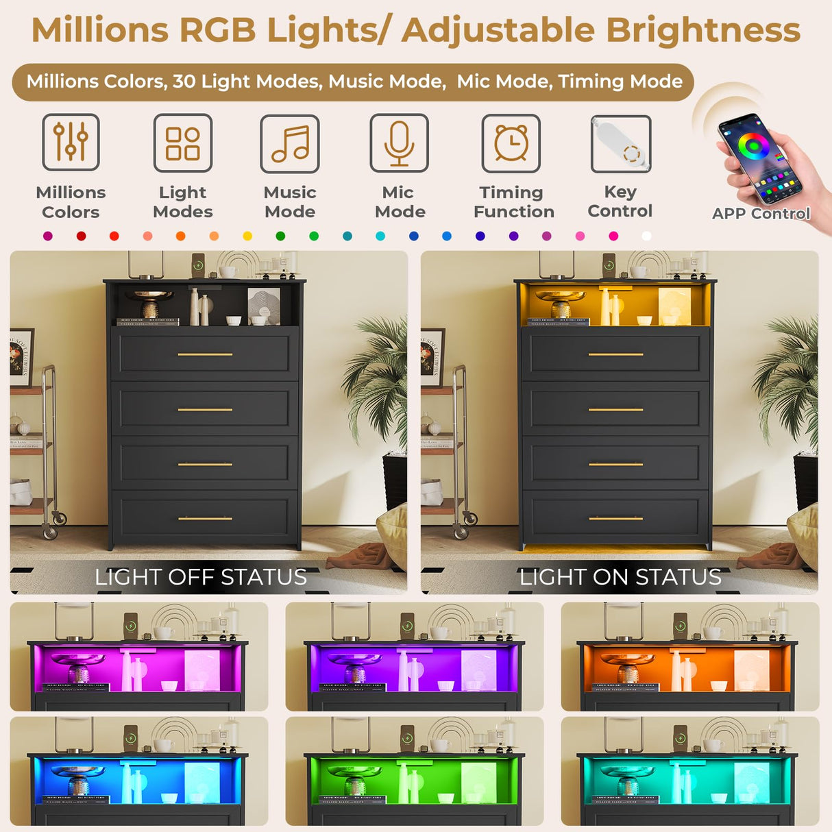 AOGLLATI Black Dresser for Bedroom with Charging Station, Chest of Drawer with Dual Led Light,4 Drawer Dresser, Modern Bedroom Led Wood Wide Dresser for Bedroom AOGLLATI